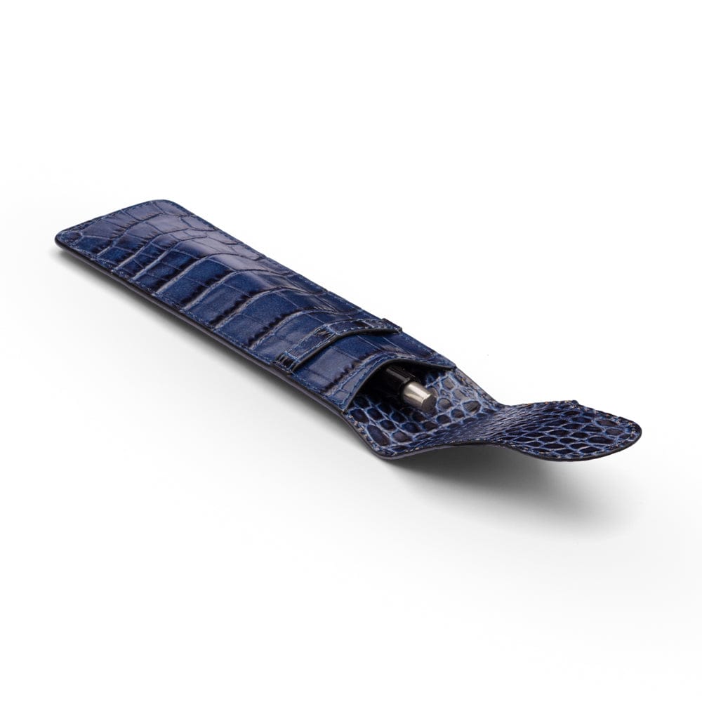 Single leather pen case, navy croc, inside