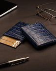 Pull apart business card holder, navy croc, lifestyle