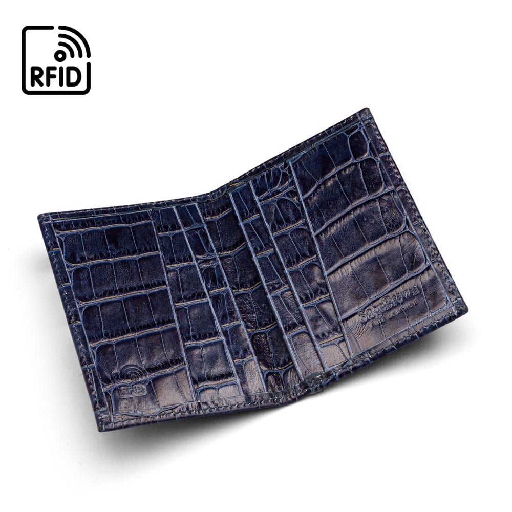RFID leather credit card holder, navy croc, open