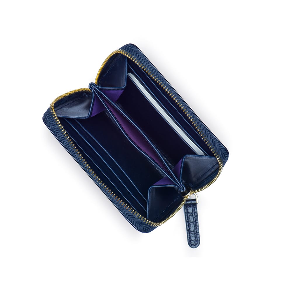 Small Leather Zip Around Accordion Coin Purse, midnight navy, open view