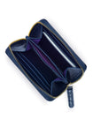 Small Leather Zip Around Accordion Coin Purse, midnight navy, open view