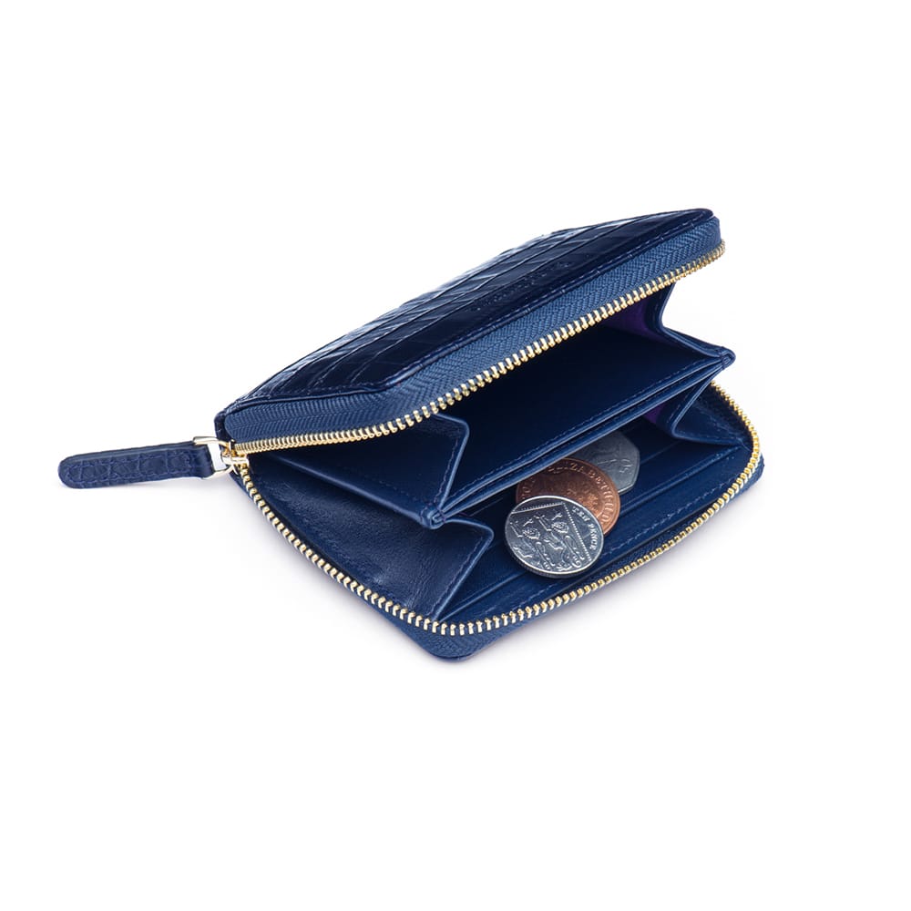 Small Leather Zip Around Accordion Coin Purse, midnight navy, open