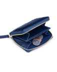 Small Leather Zip Around Accordion Coin Purse, midnight navy, open