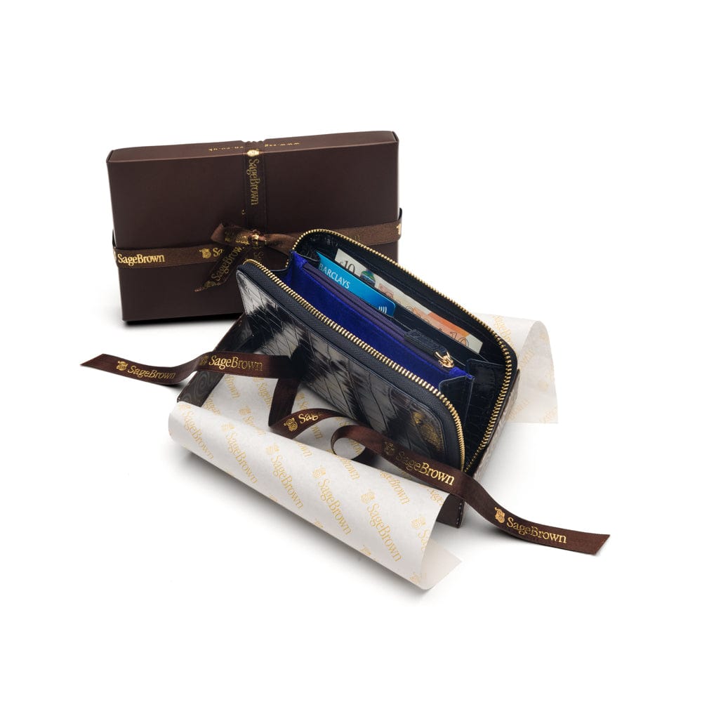 Tall leather zip around accordion purse, navy croc, gift box