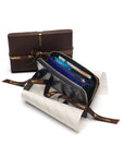 Tall leather zip around accordion purse, navy croc, gift box