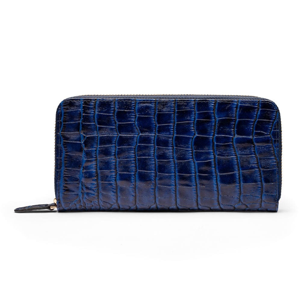 Tall leather zip around accordion purse, midnight navy croc, back
