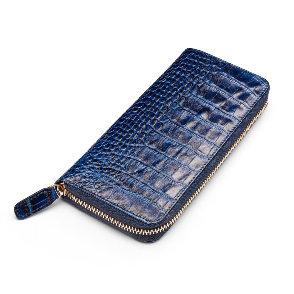 Tall leather zip around accordion purse, midnight navy croc, front