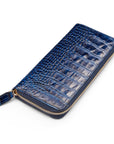 Tall leather zip around accordion purse, midnight navy croc, front