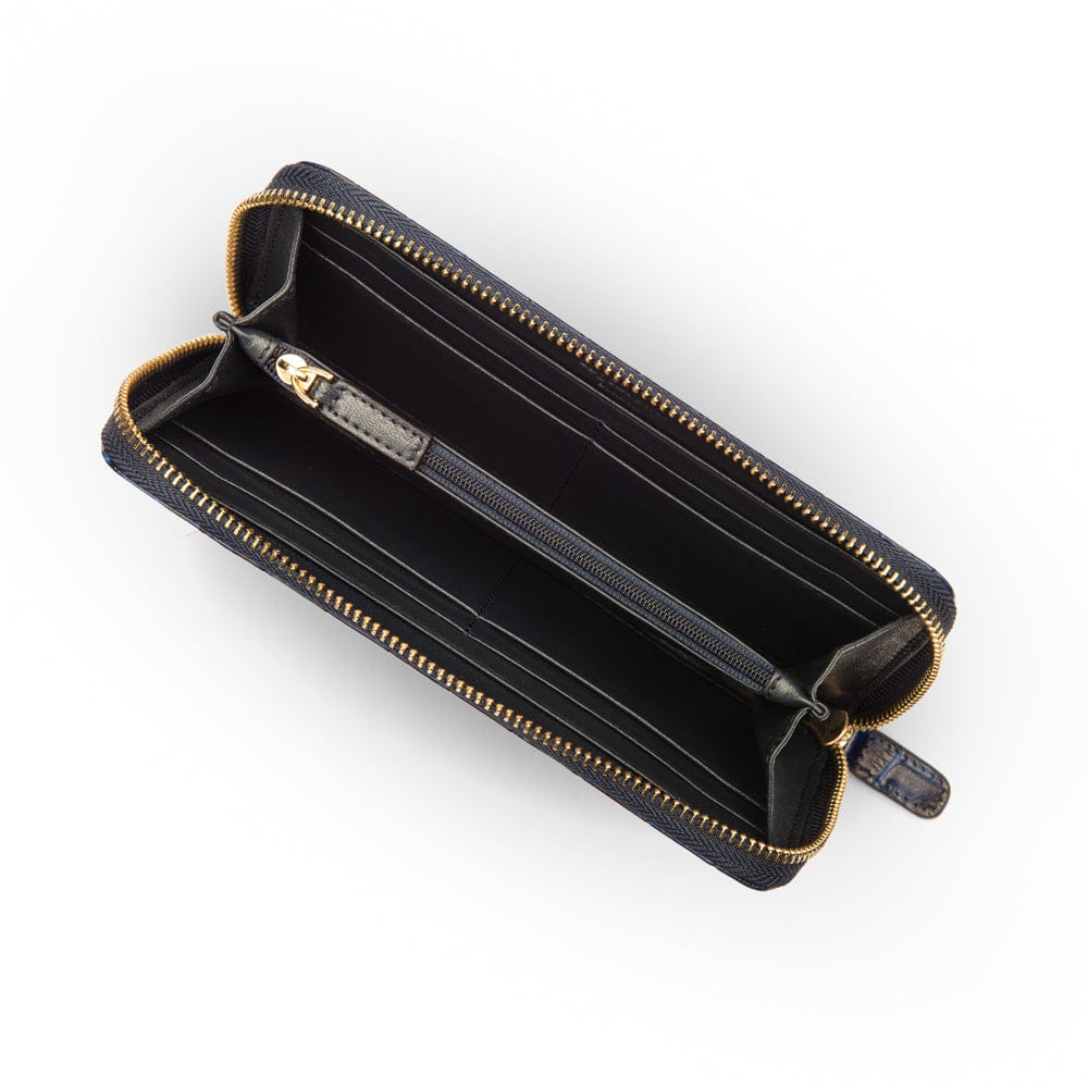 Tall leather zip around accordion purse, midnight navy croc, inside