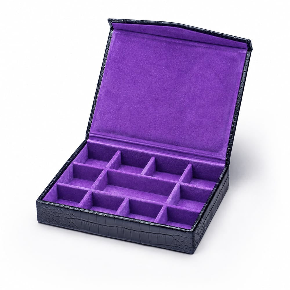 Large Leather Cufflink And Jewellery Box, Navy Croc Effect With Purple, inside