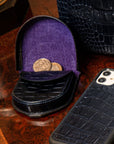 Leather horseshoe coin purse, navy croc, lifestyle