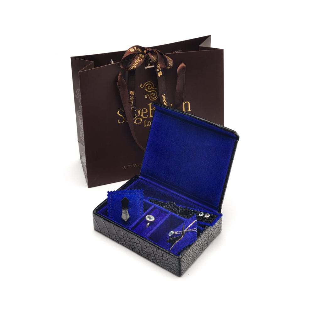 Luxury leather jewellery box, navy croc, lifestyle