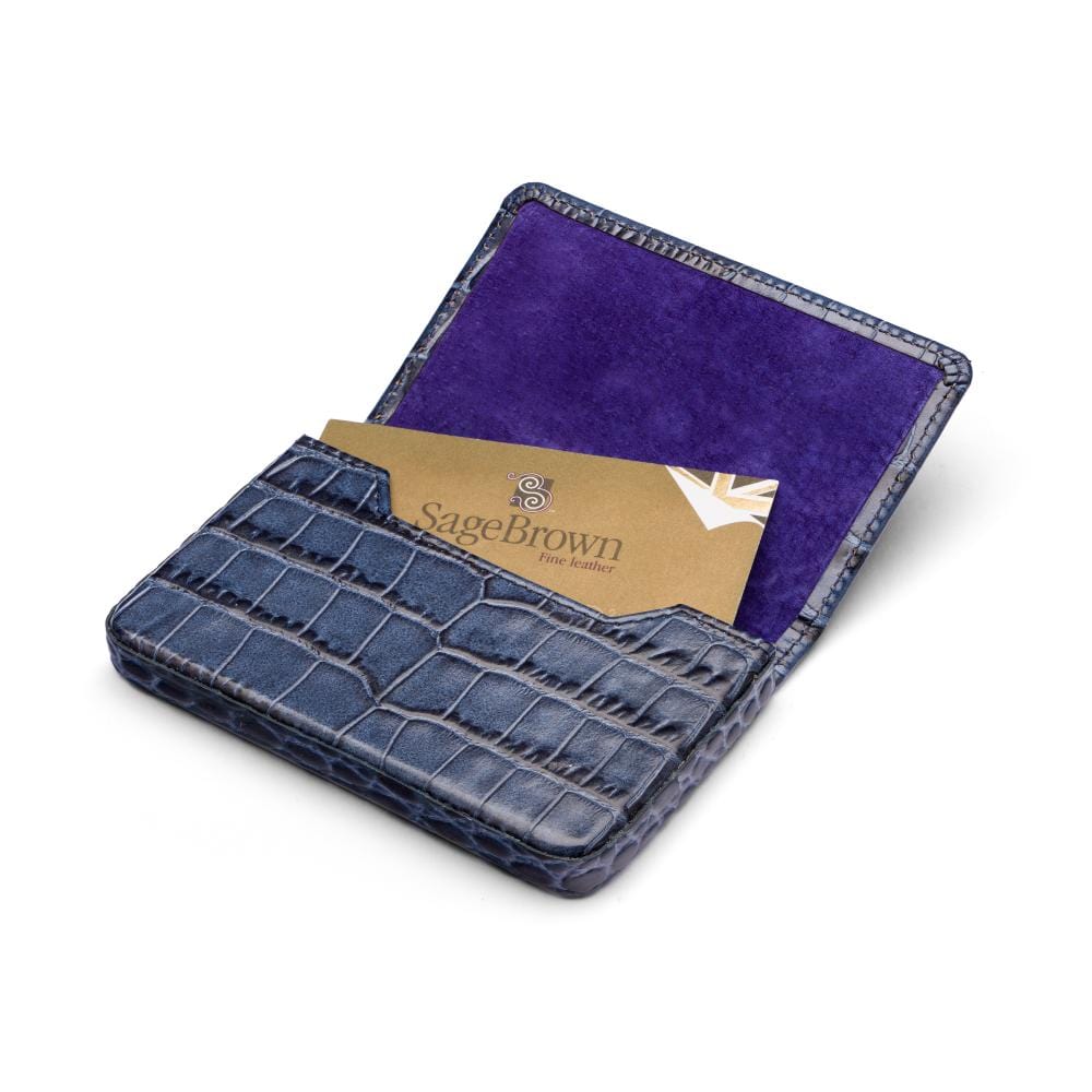 Leather business card holder with magnetic closure, navy croc, inside