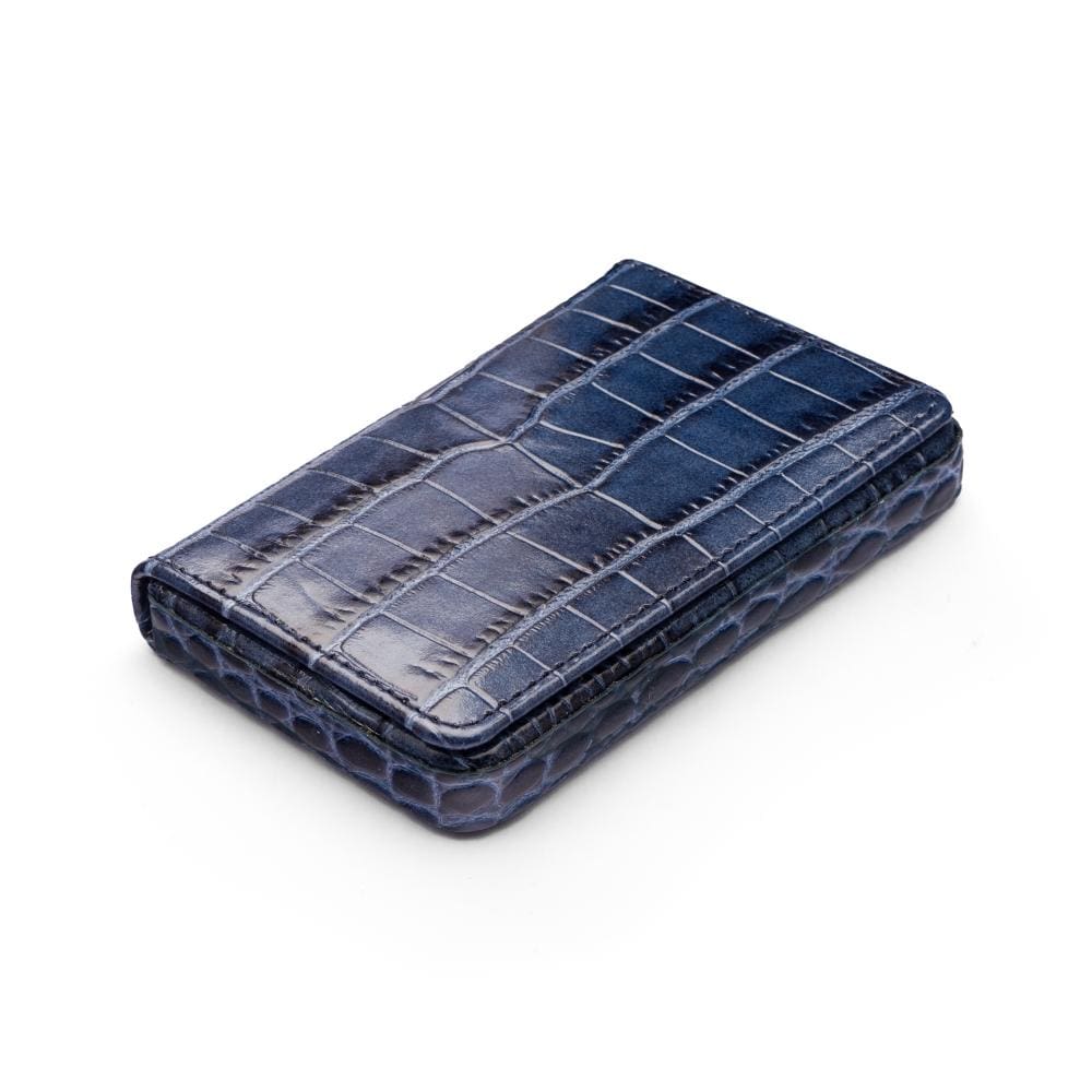 Leather business card holder with magnetic closure, navy croc, front