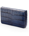 Leather business card holder with magnetic closure, navy croc, side