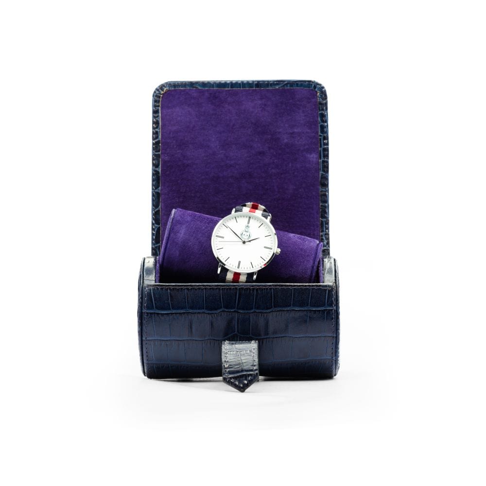 Small leather watch roll, navy croc, inside