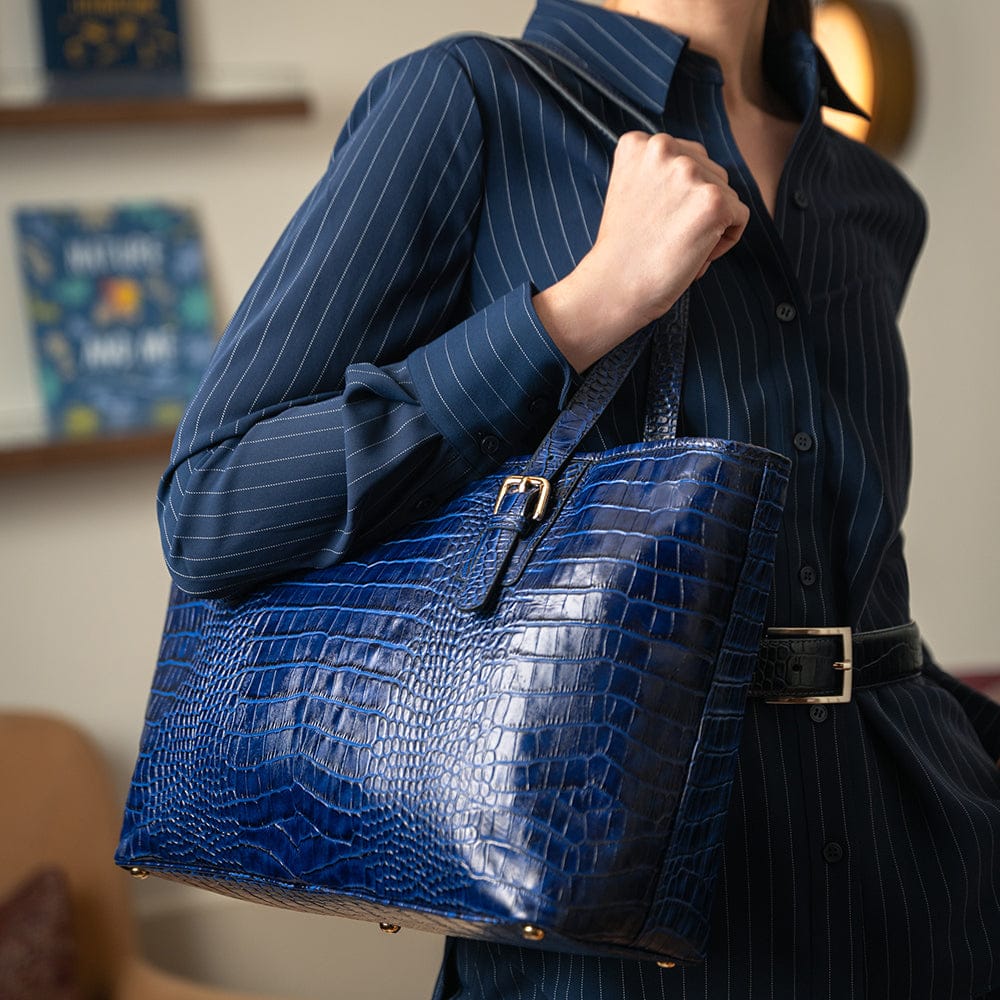 Women's leather 13" laptop workbag, navy croc, lifestyle