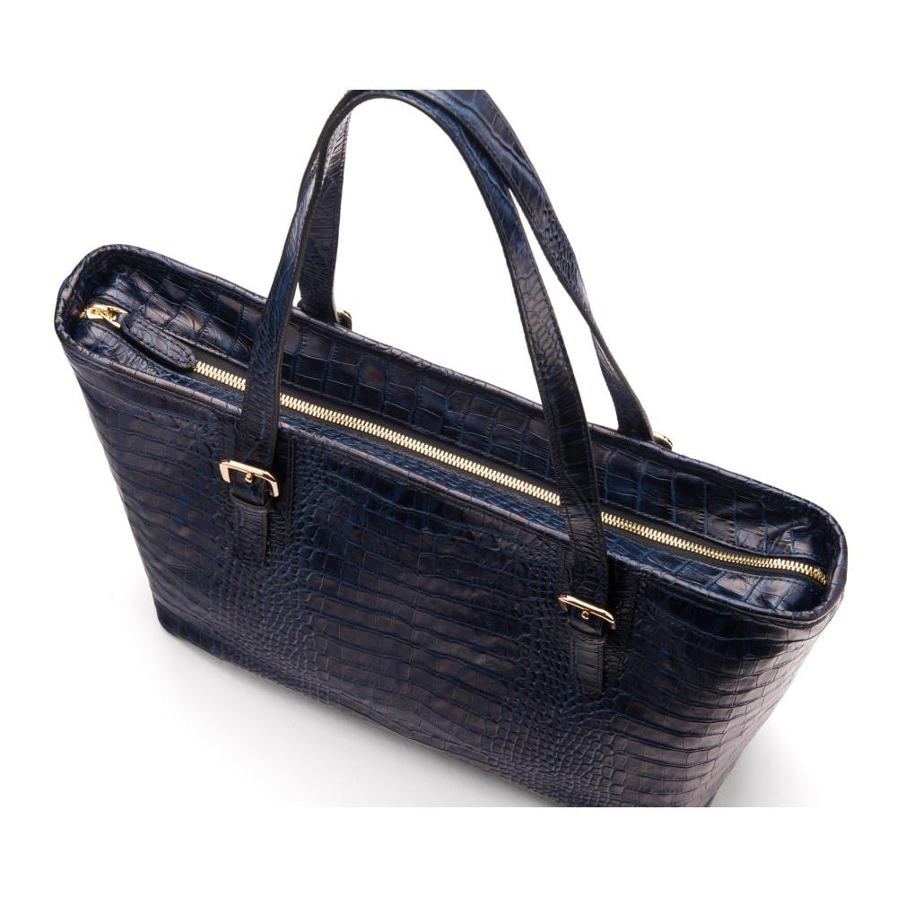 Women's leather 13" laptop workbag, navy croc, top