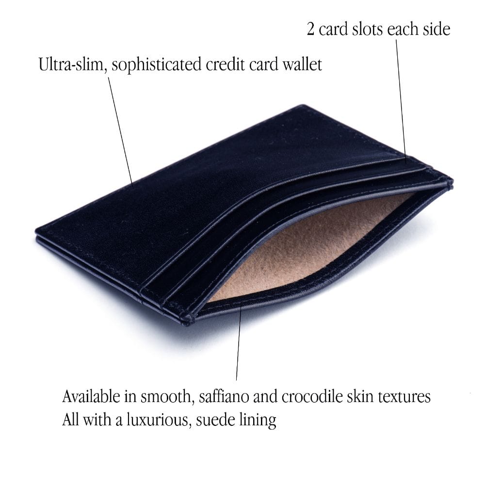 Flat leather credit card wallet 4 CC, navy, features