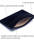 Flat leather credit card wallet 4 CC, navy, features