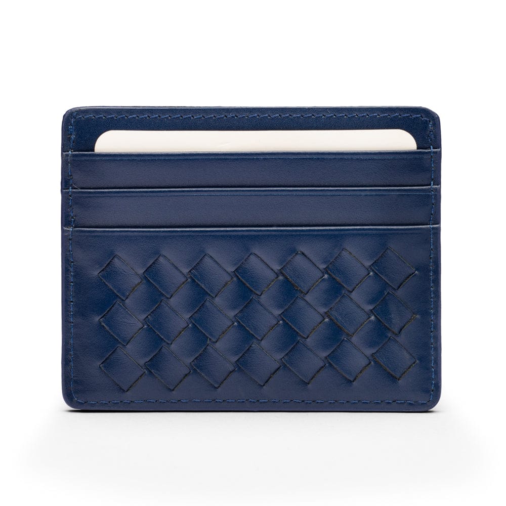 Flat woven leather card holder, navy, front
