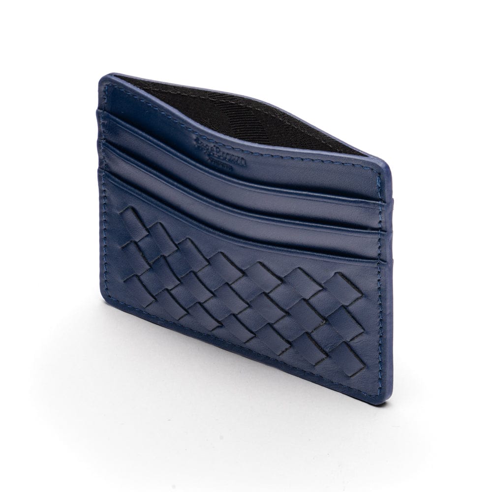 Flat woven leather card holder, navy, open