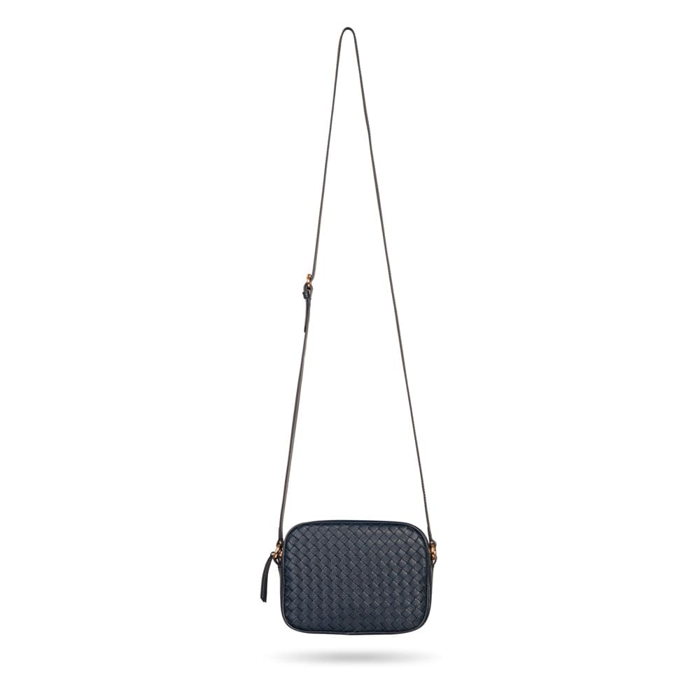 Ivy woven camera bag, navy, interior, with shoulder strap