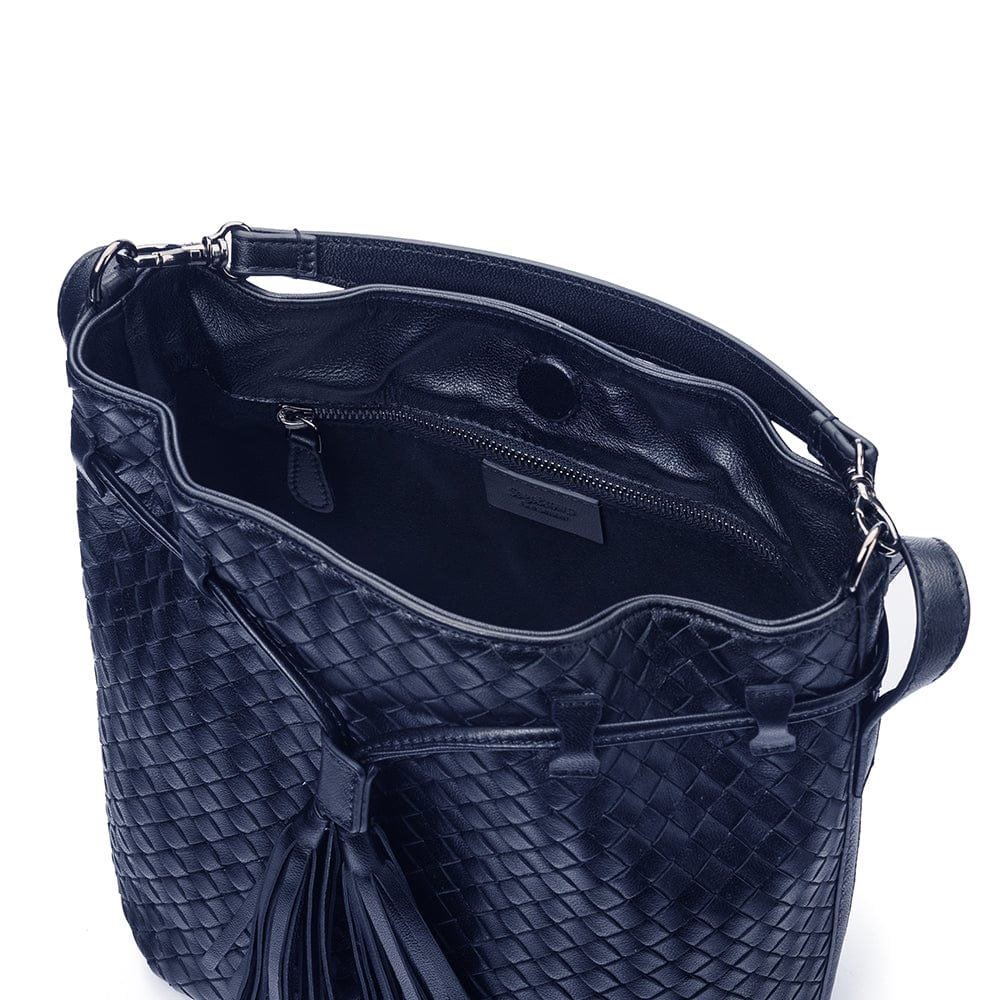 Woven leather bucket bag, navy, inside