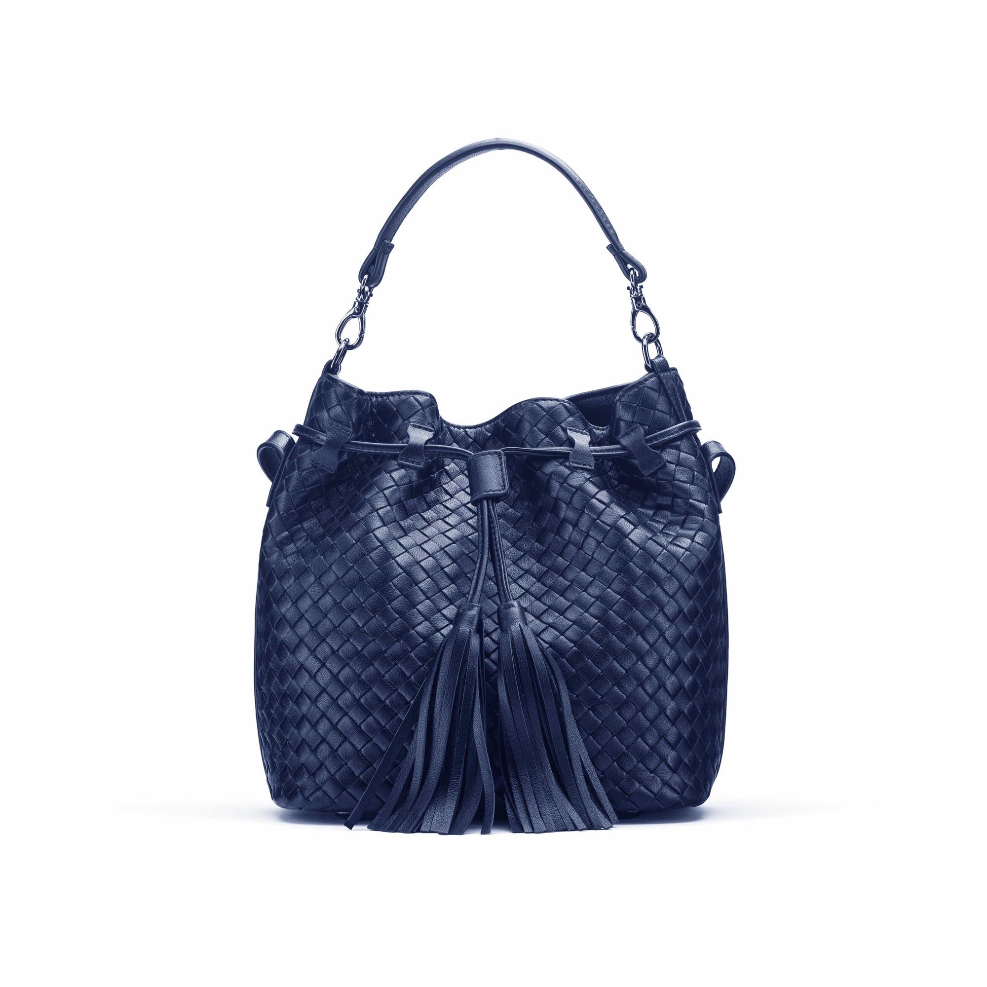 Woven leather bucket bag, navy, front