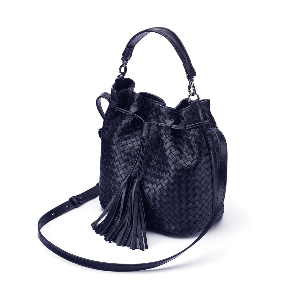 Woven leather bucket bag, navy, side