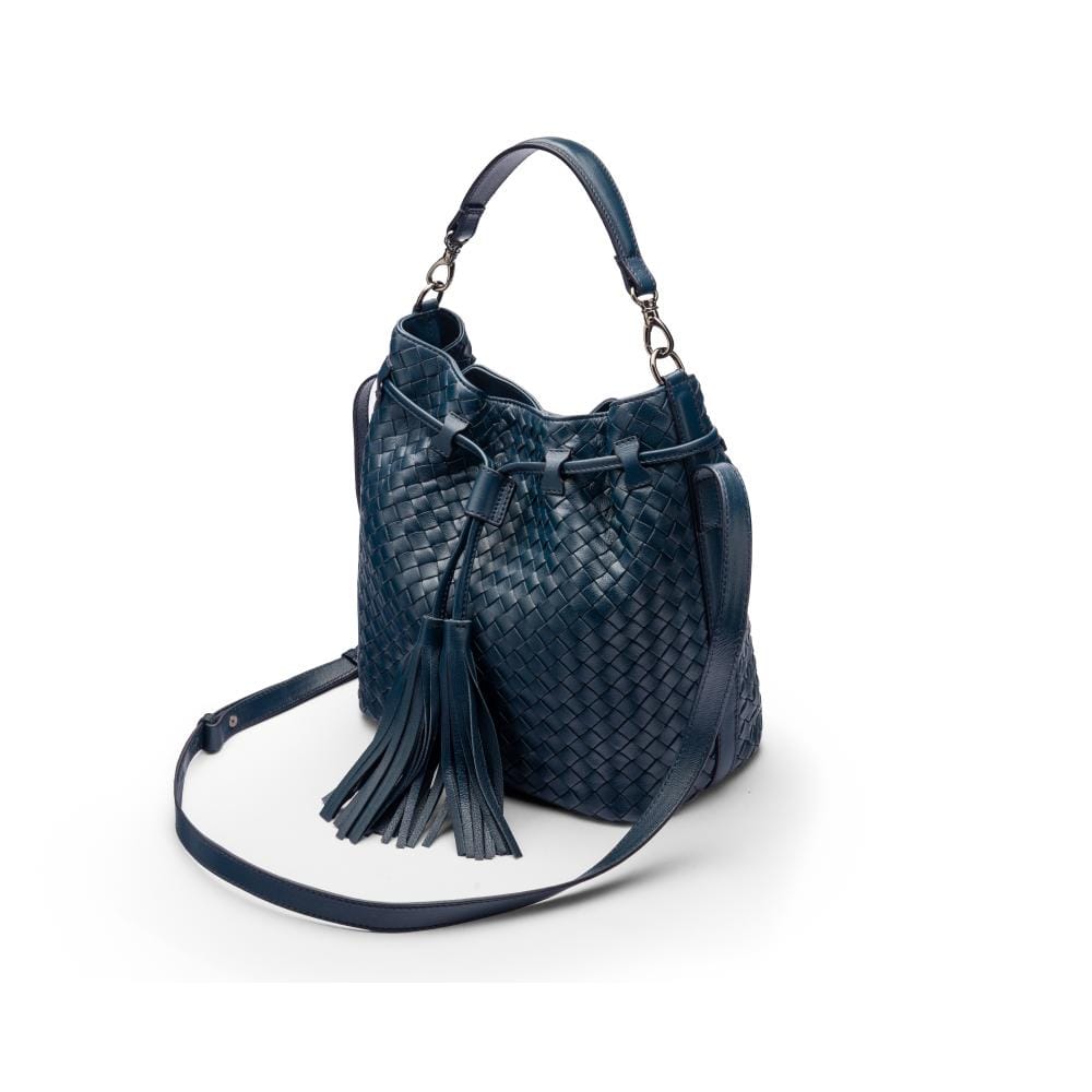 Woven leather bucket bag, navy, side