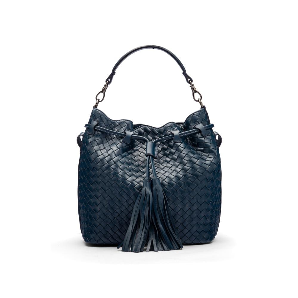 Woven leather bucket bag, navy, front