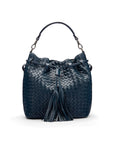 Woven leather bucket bag, navy, front