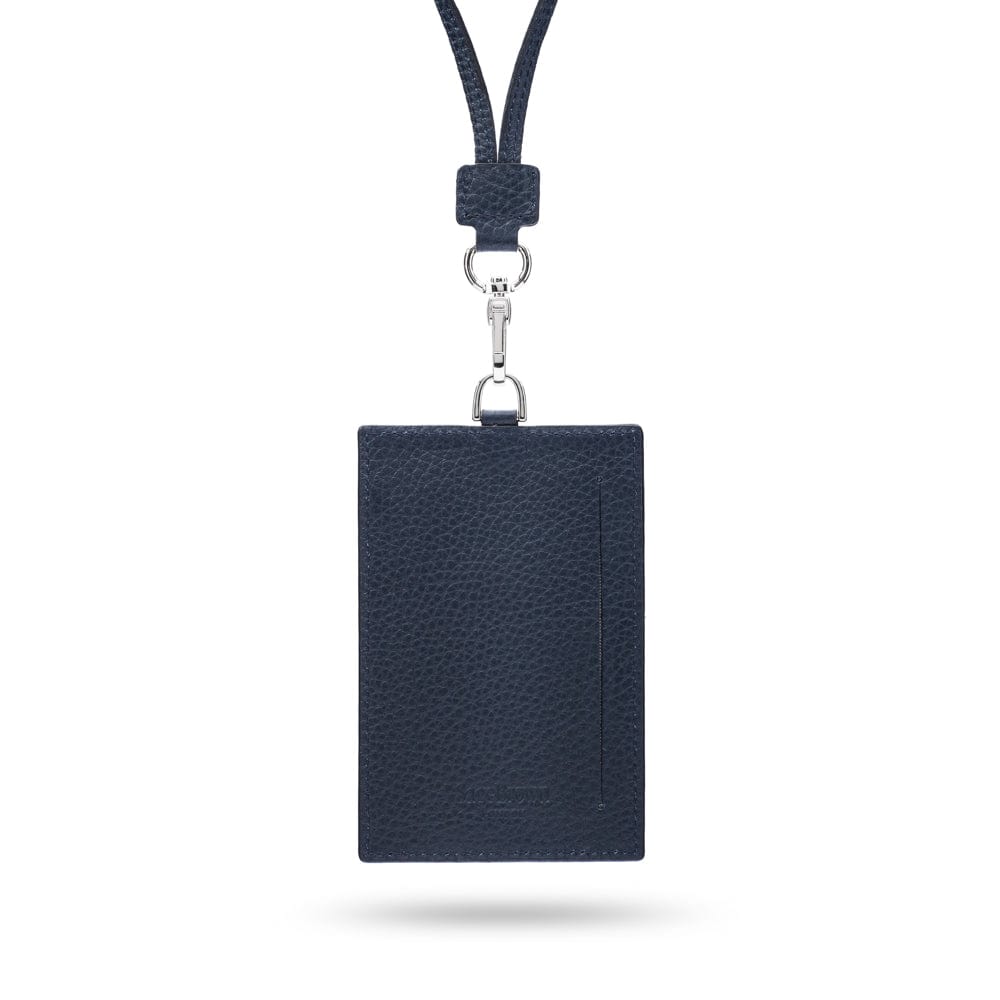 Leather lanyard ID card holder, navy, back