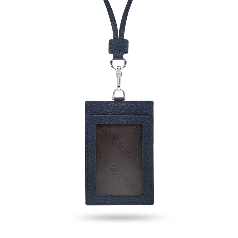 Leather lanyard ID card holder, navy, front