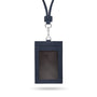 Leather lanyard ID card holder, navy, front