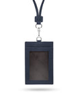 Leather lanyard ID card holder, navy, front