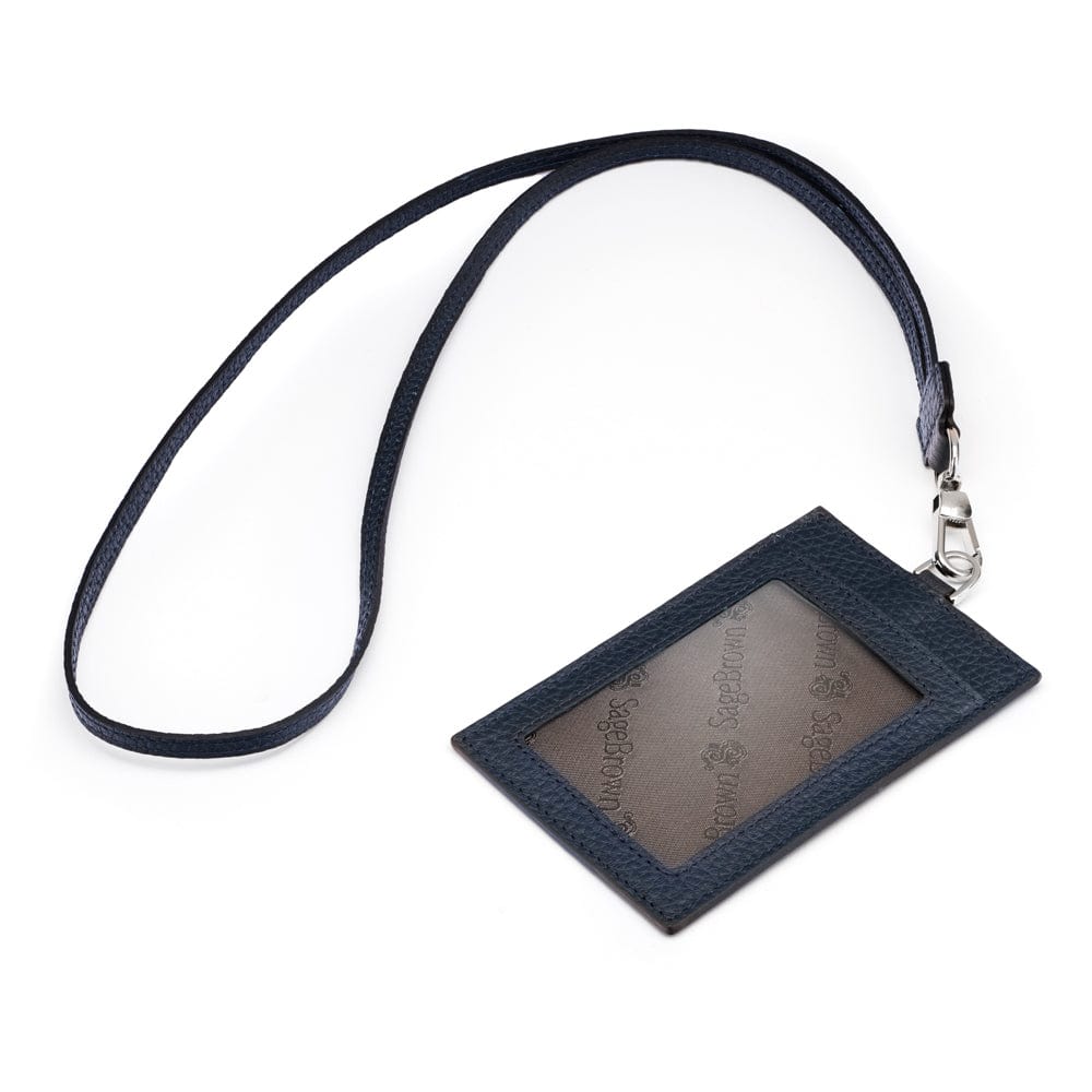 Leather lanyard ID card holder, navy, strap