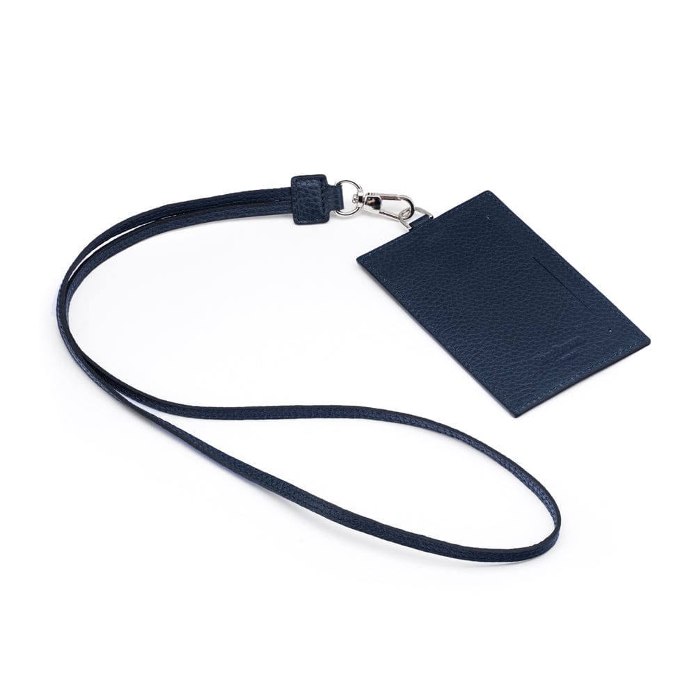 Leather lanyard ID card holder, navy, back view