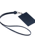 Leather lanyard ID card holder, navy, back view