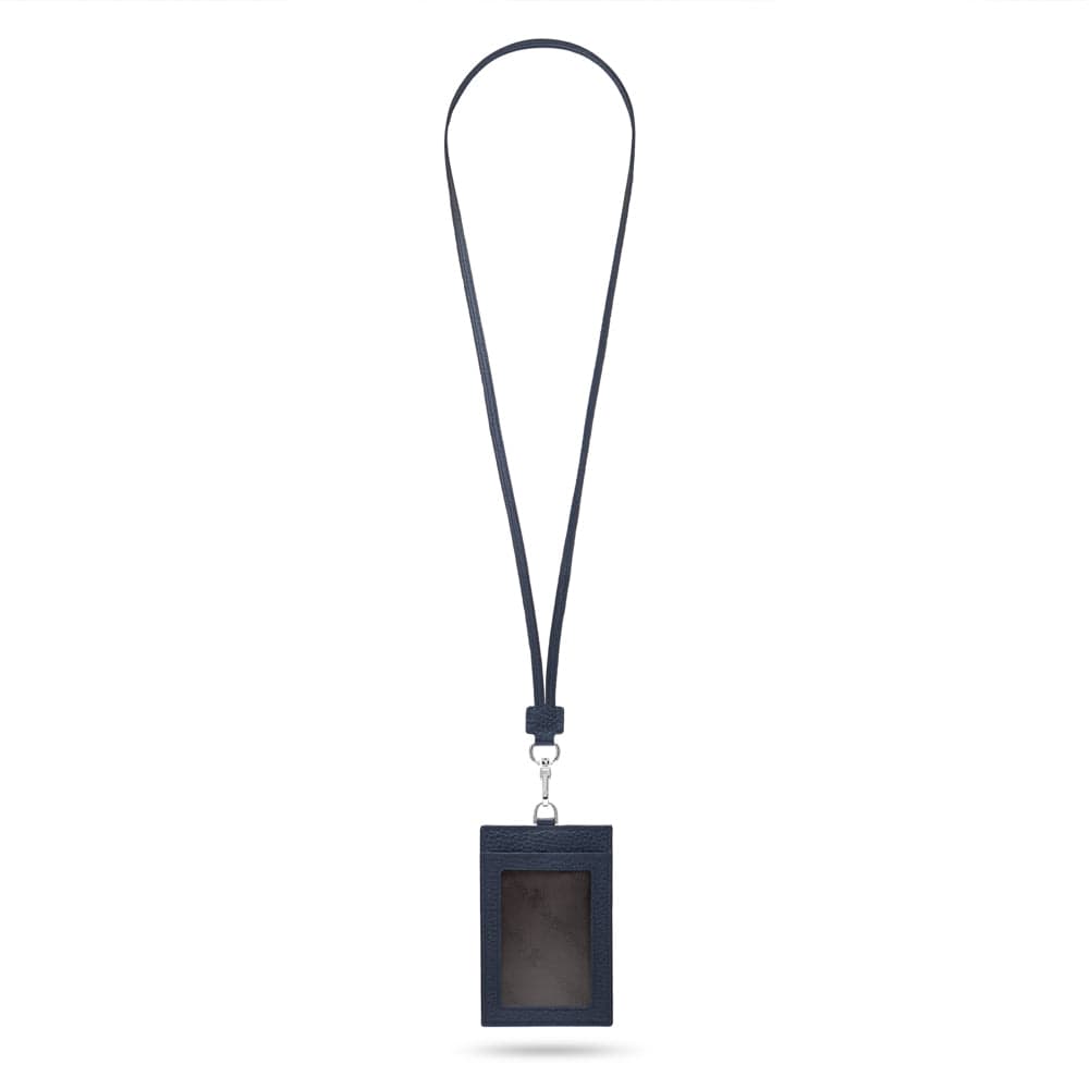 Leather lanyard ID card holder, navy, full length