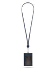 Leather lanyard ID card holder, navy, full length