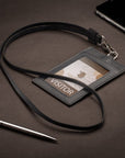 Leather lanyard ID card holder, navy, lifestyle