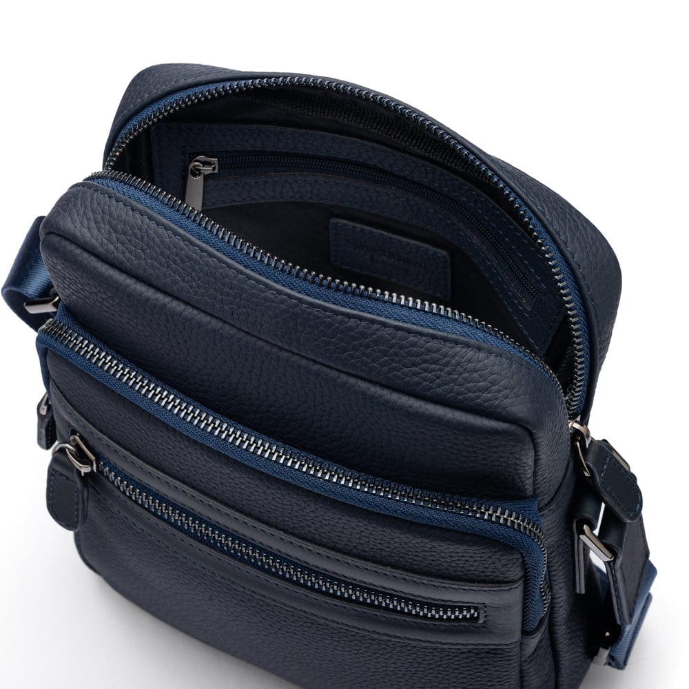 Leather messenger bag with zip, navy, inside