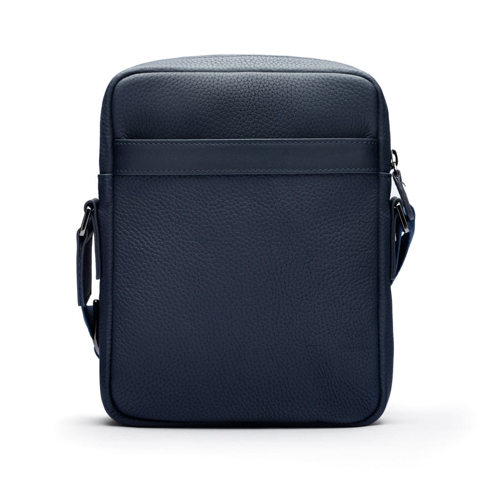 Leather messenger bag with zip, navy, back