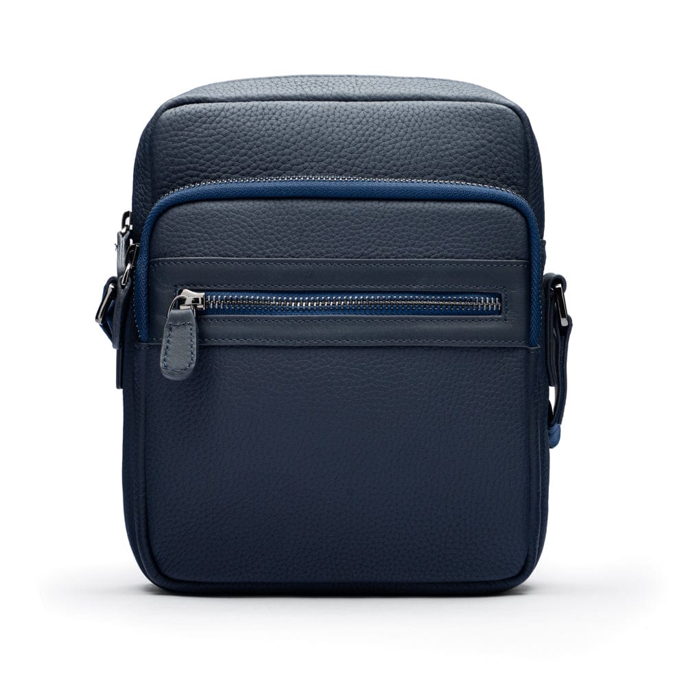 Leather messenger bag with zip, navy, front