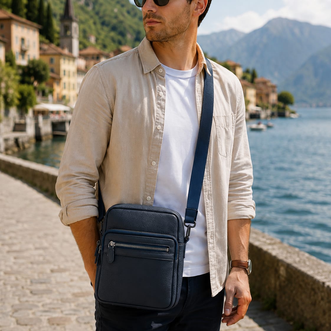Leather messenger bag with zip, lifestyle