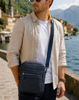 Leather messenger bag with zip, lifestyle