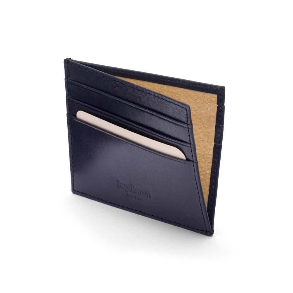 Leather side opening flat credit card case, navy, inside