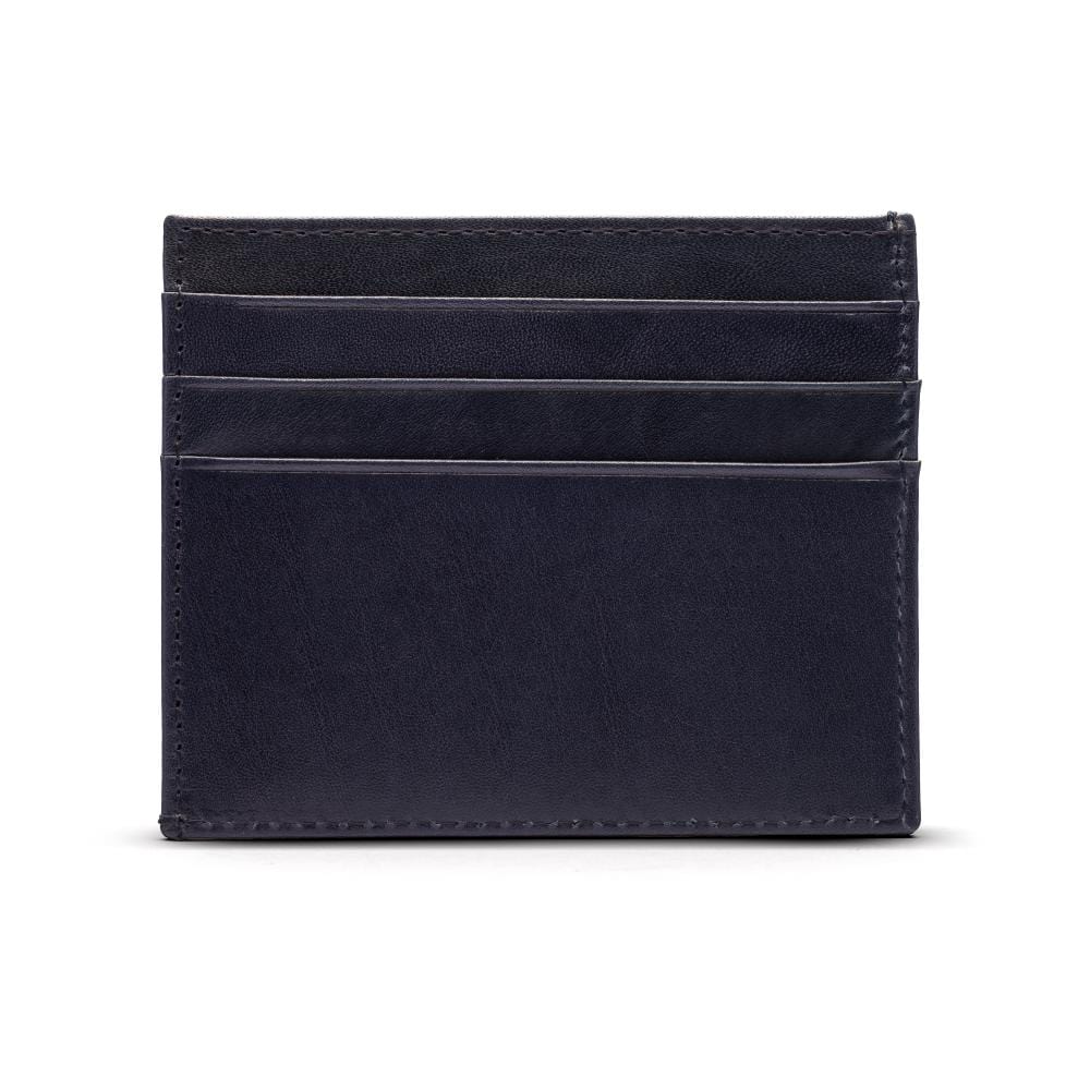 Leather side opening flat credit card case, navy, front